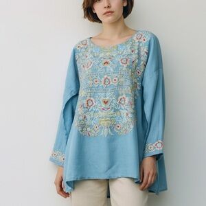 Johnny Was Biya M Linen Embroidered Long Sleeve Tunic Slits Relaxed Fit Boho Top